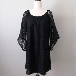Tacera Black Lace Overlay Wide Sleeve Dress, Size Small